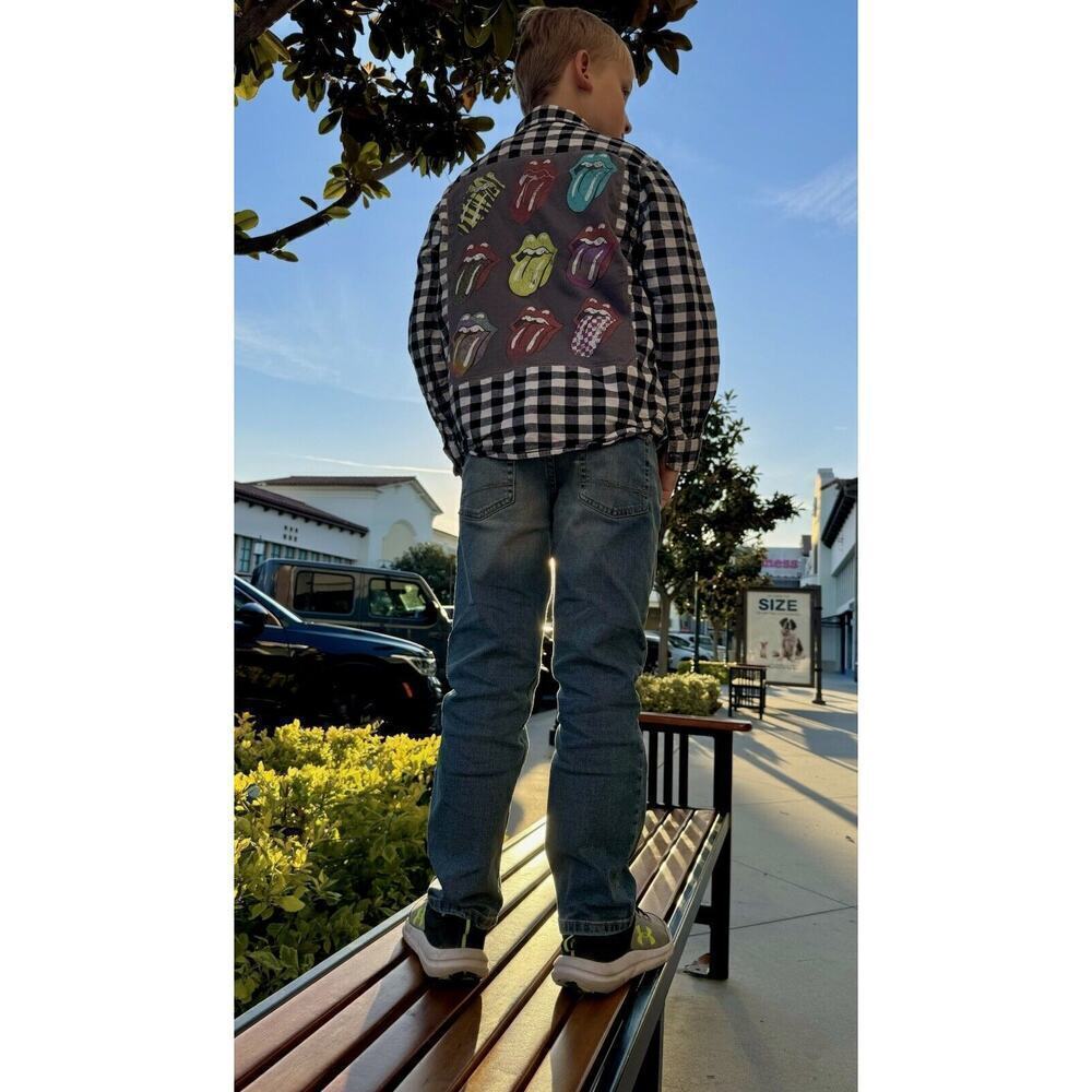 ROLLING STONES 70s Rock Retro Vintage Upcycled Plaid Flannel Kids Shirt L 10/12